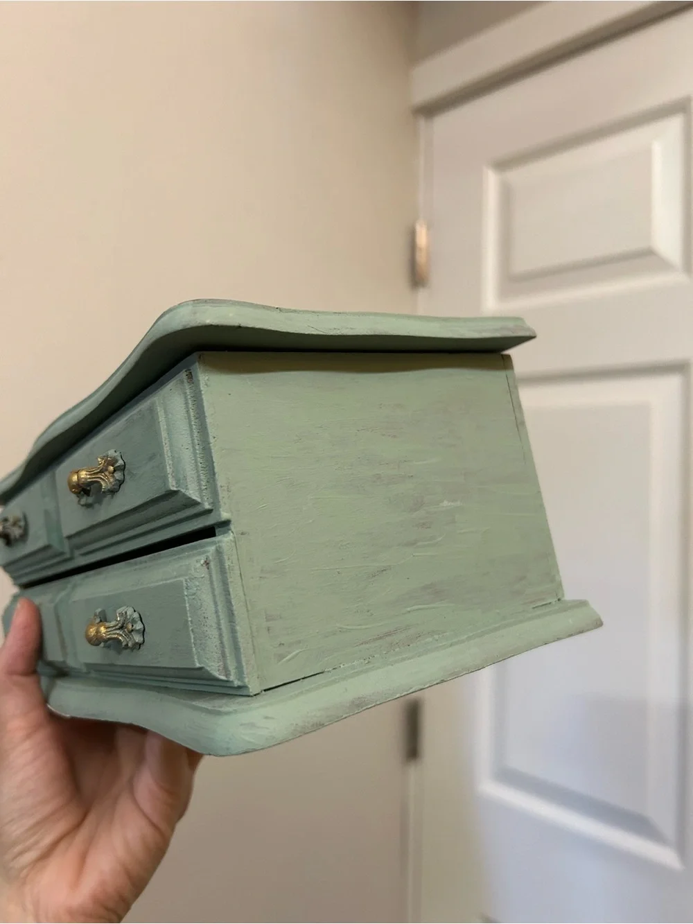 refurbished vintage jewelry box green painted finish ornate gold handles